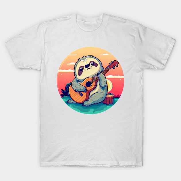 Sloth with Guitar in Sunset T-Shirt by HBfunshirts